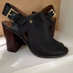 Tommy Hilfiger Black Heeled Booties with Wooden Block Heel